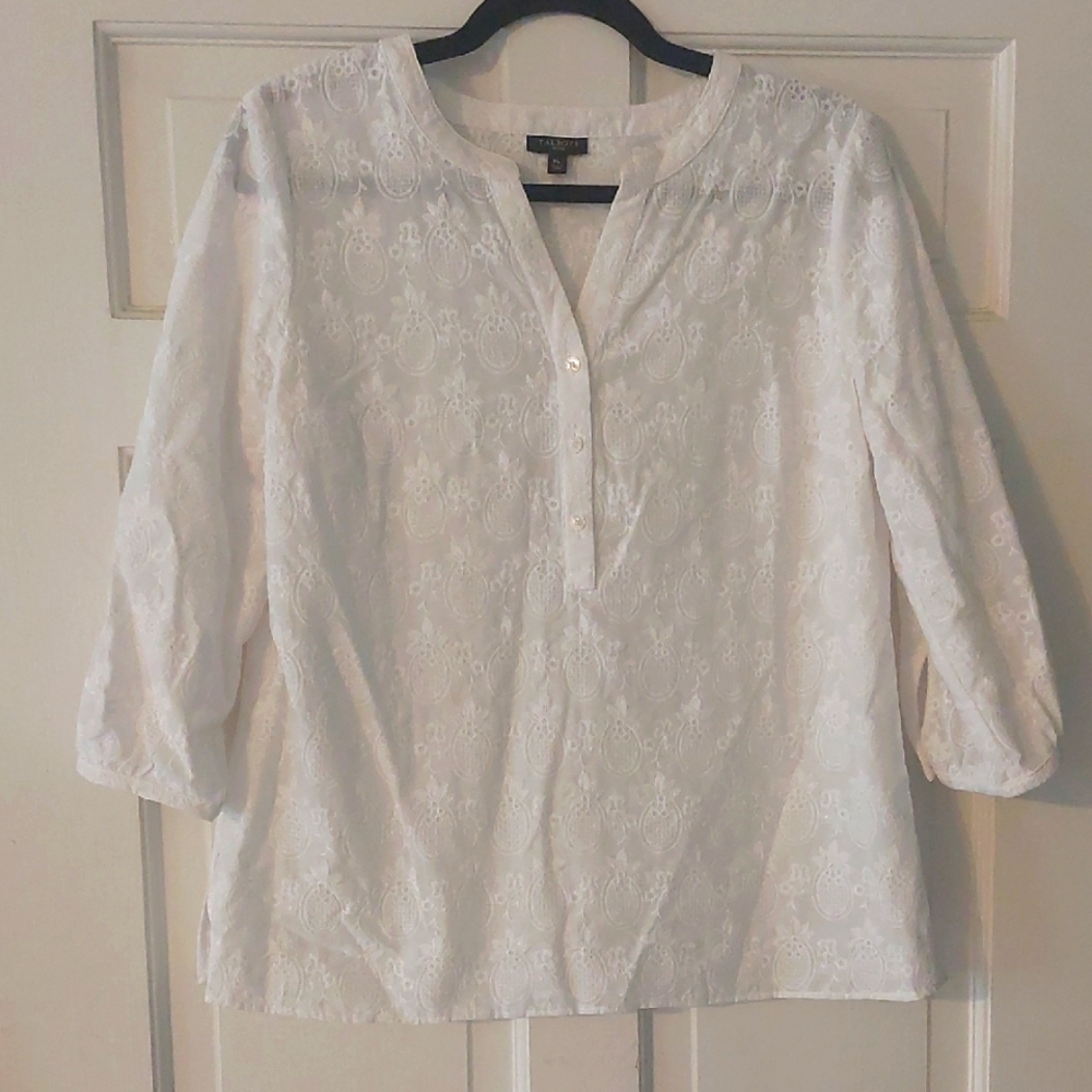 Talbots women's White Embroidered Top with Pineapples, Medium Petite